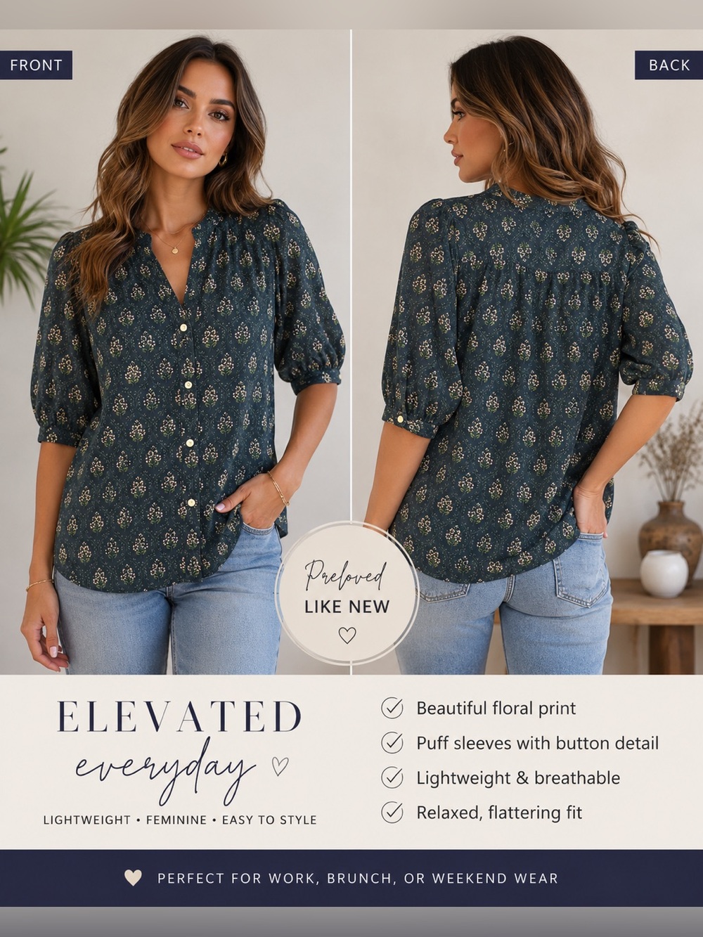 Trovata Women's Floral Puff-Sleeve Button Front Top - Dark Green